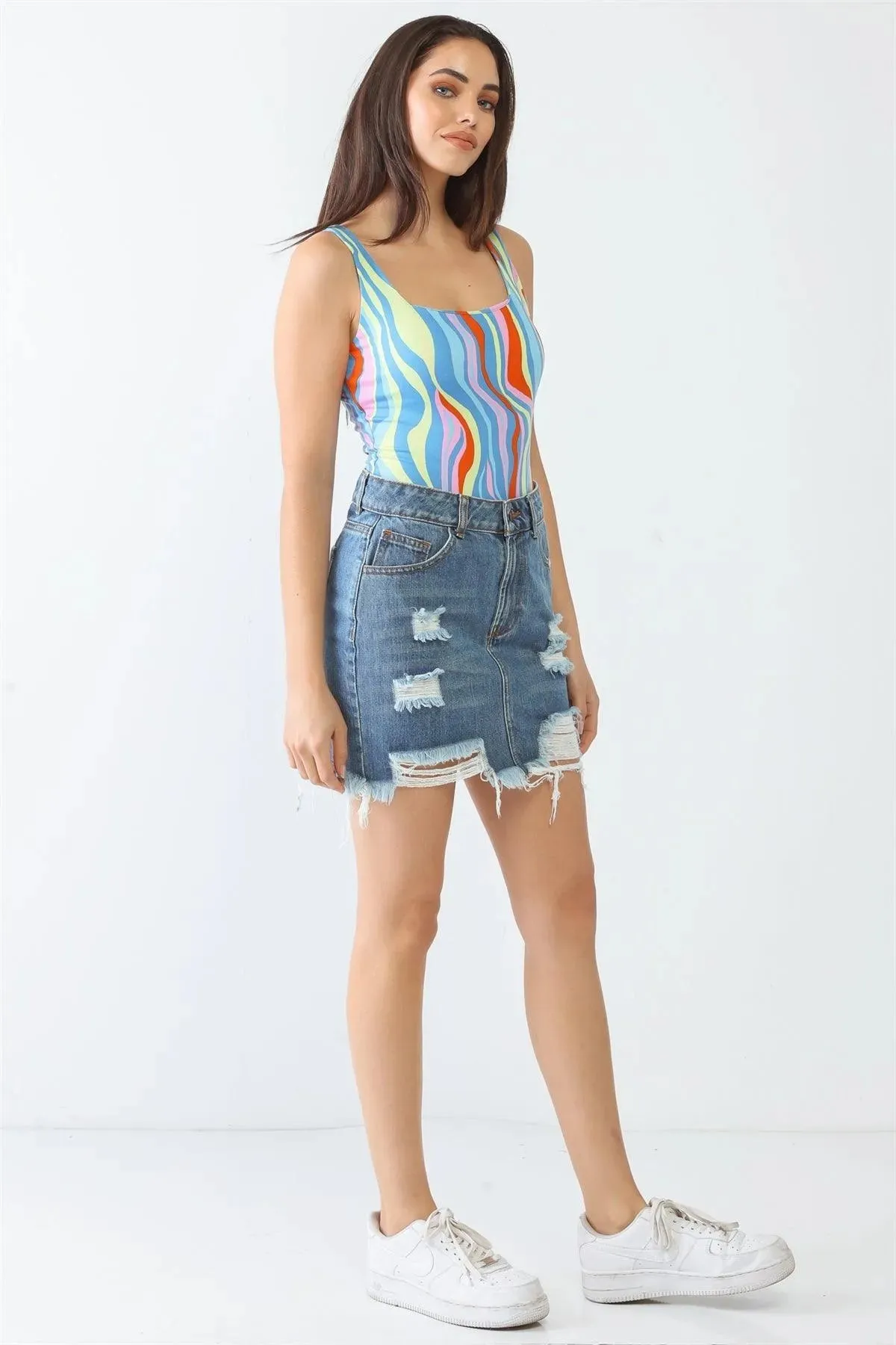 Multicolor Abstract Print Square Neck Sleeveless Bodysuit /3-2-1