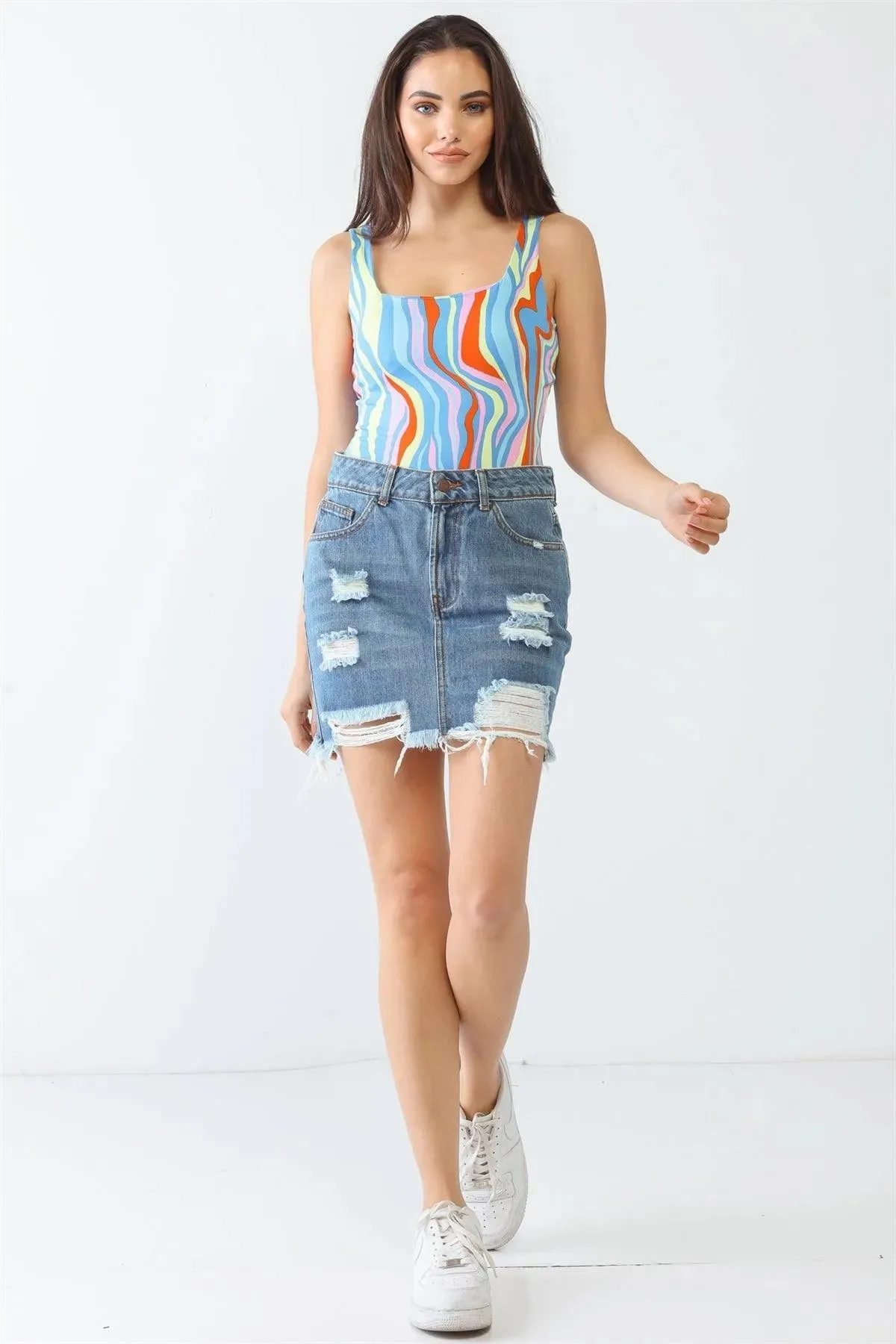 Multicolor Abstract Print Square Neck Sleeveless Bodysuit /3-2-1