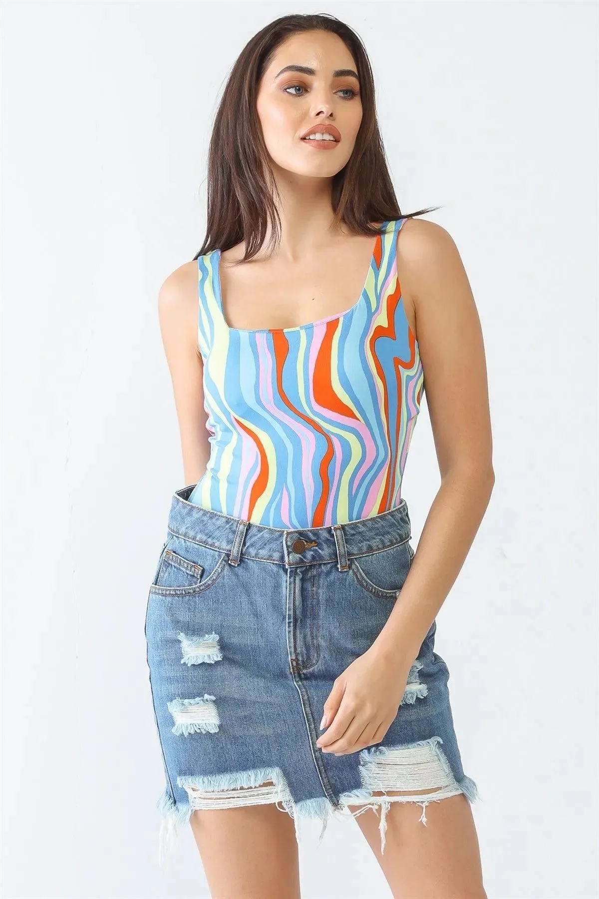 Multicolor Abstract Print Square Neck Sleeveless Bodysuit /3-2-1