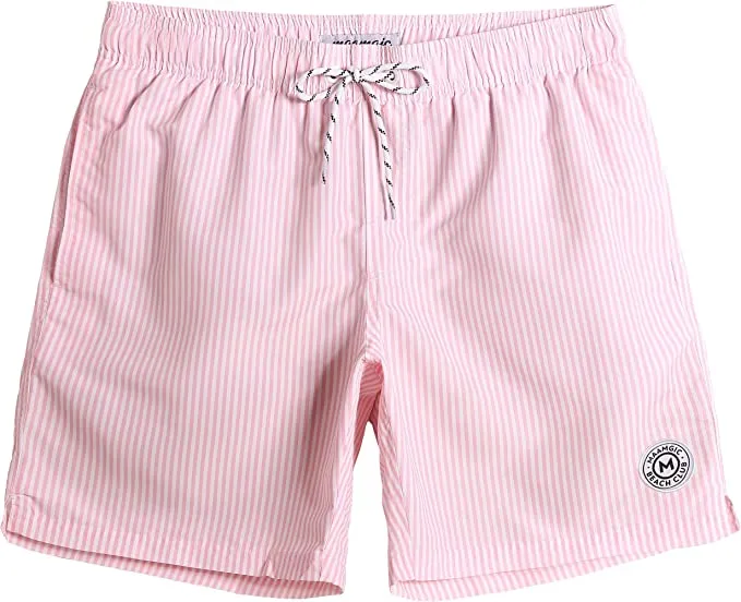 New MaaMgic Mens Slim Fit Quick Dry Deck Stripe Mid Length Swim Trunks Shorts Mesh Lining, Sz L