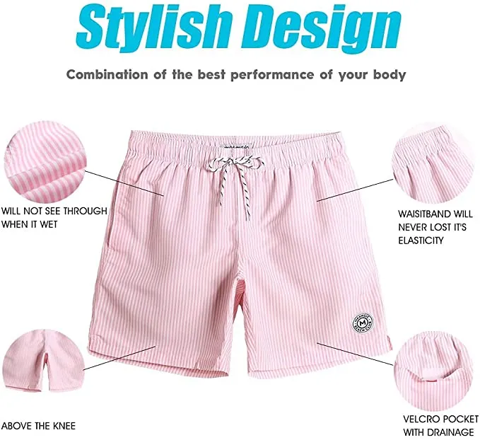 New MaaMgic Mens Slim Fit Quick Dry Deck Stripe Mid Length Swim Trunks Shorts Mesh Lining, Sz L