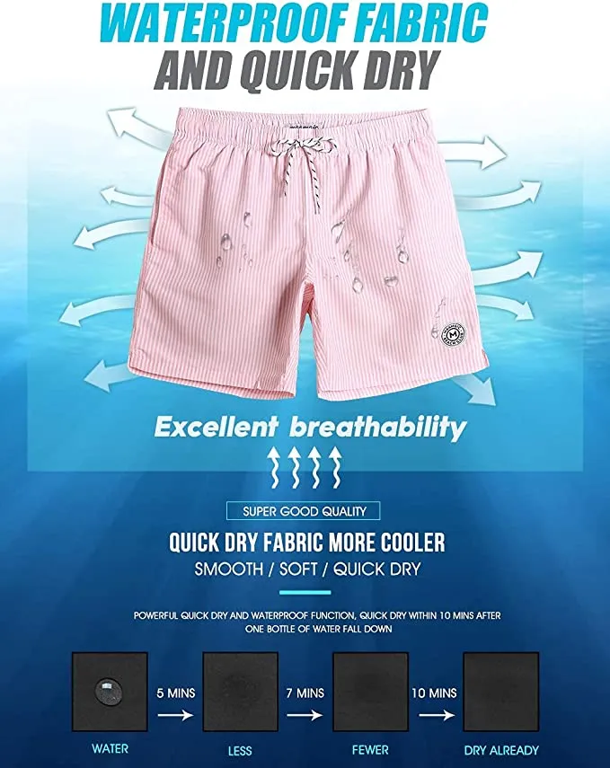 New MaaMgic Mens Slim Fit Quick Dry Deck Stripe Mid Length Swim Trunks Shorts Mesh Lining, Sz L