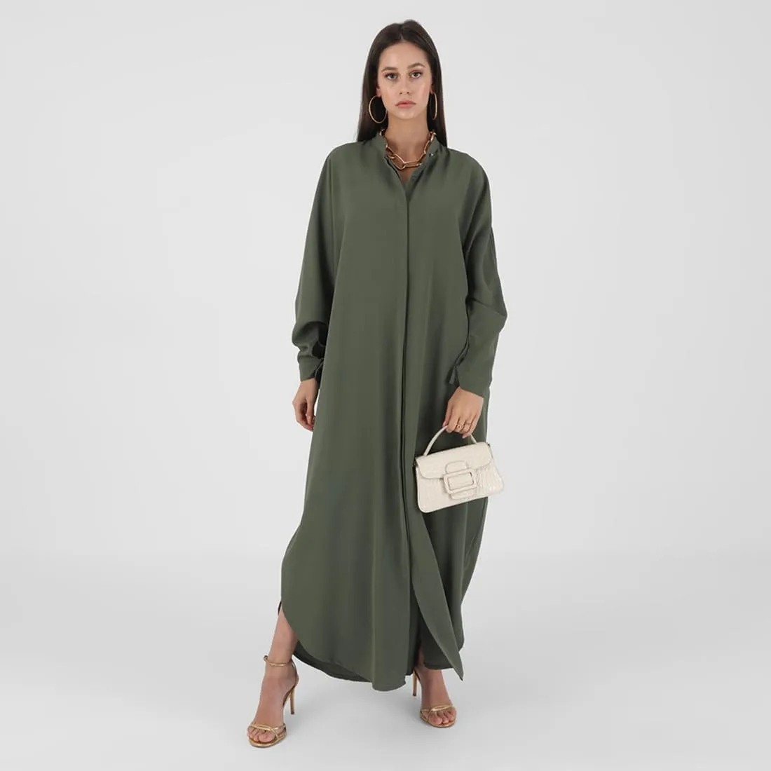 ODASDO Muslim Dresses for Women Abaya Button Down Henley Shirt Prayer Dress Batwing Long Sleeve Middle East Arabian Robe