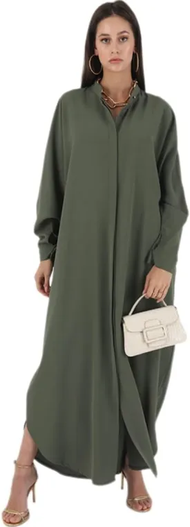 ODASDO Muslim Dresses for Women Abaya Button Down Henley Shirt Prayer Dress Batwing Long Sleeve Middle East Arabian Robe