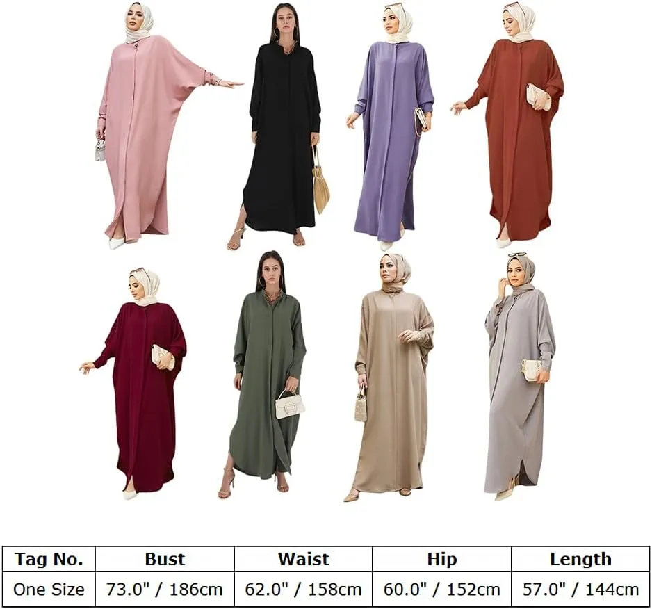 ODASDO Muslim Dresses for Women Abaya Button Down Henley Shirt Prayer Dress Batwing Long Sleeve Middle East Arabian Robe