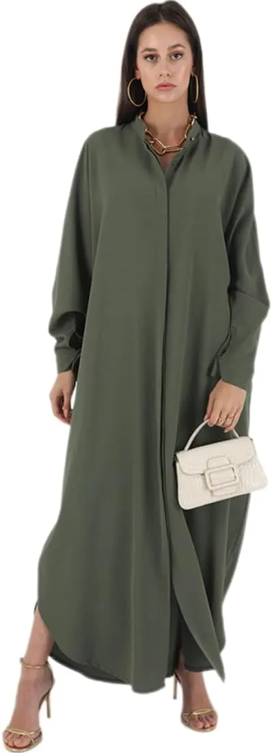 ODASDO Muslim Dresses for Women Abaya Button Down Henley Shirt Prayer Dress Batwing Long Sleeve Middle East Arabian Robe