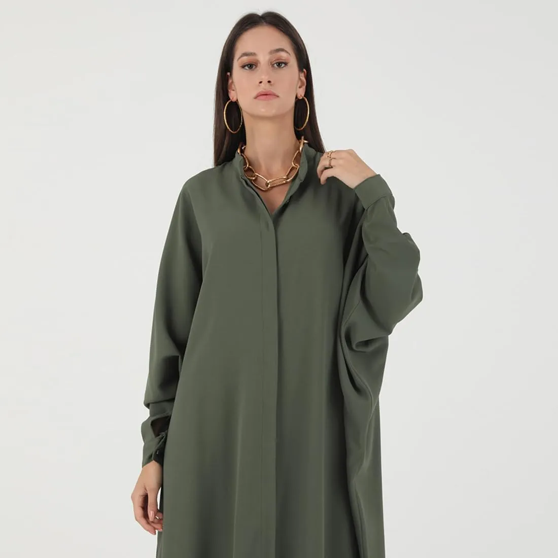ODASDO Muslim Dresses for Women Abaya Button Down Henley Shirt Prayer Dress Batwing Long Sleeve Middle East Arabian Robe