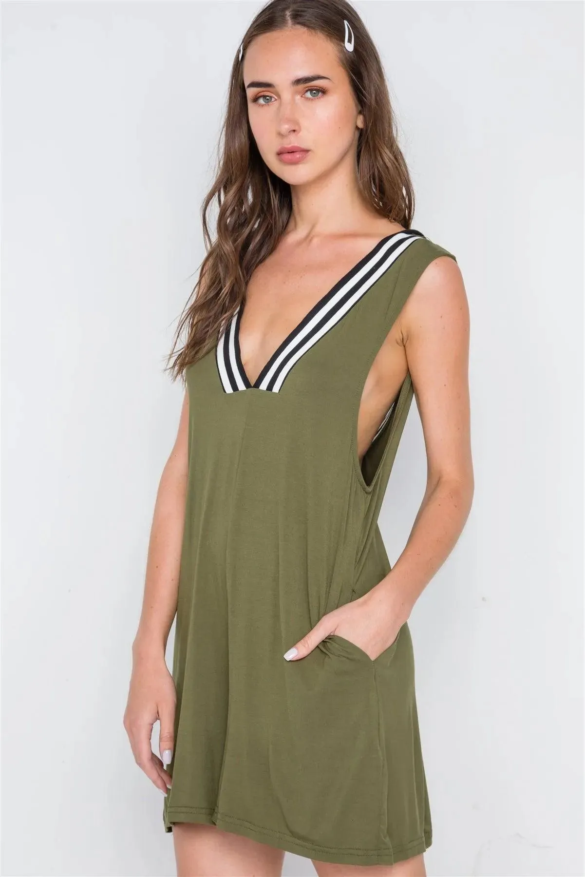 Olive Contrast V-Neck Loose Fit Romper /2-1-1