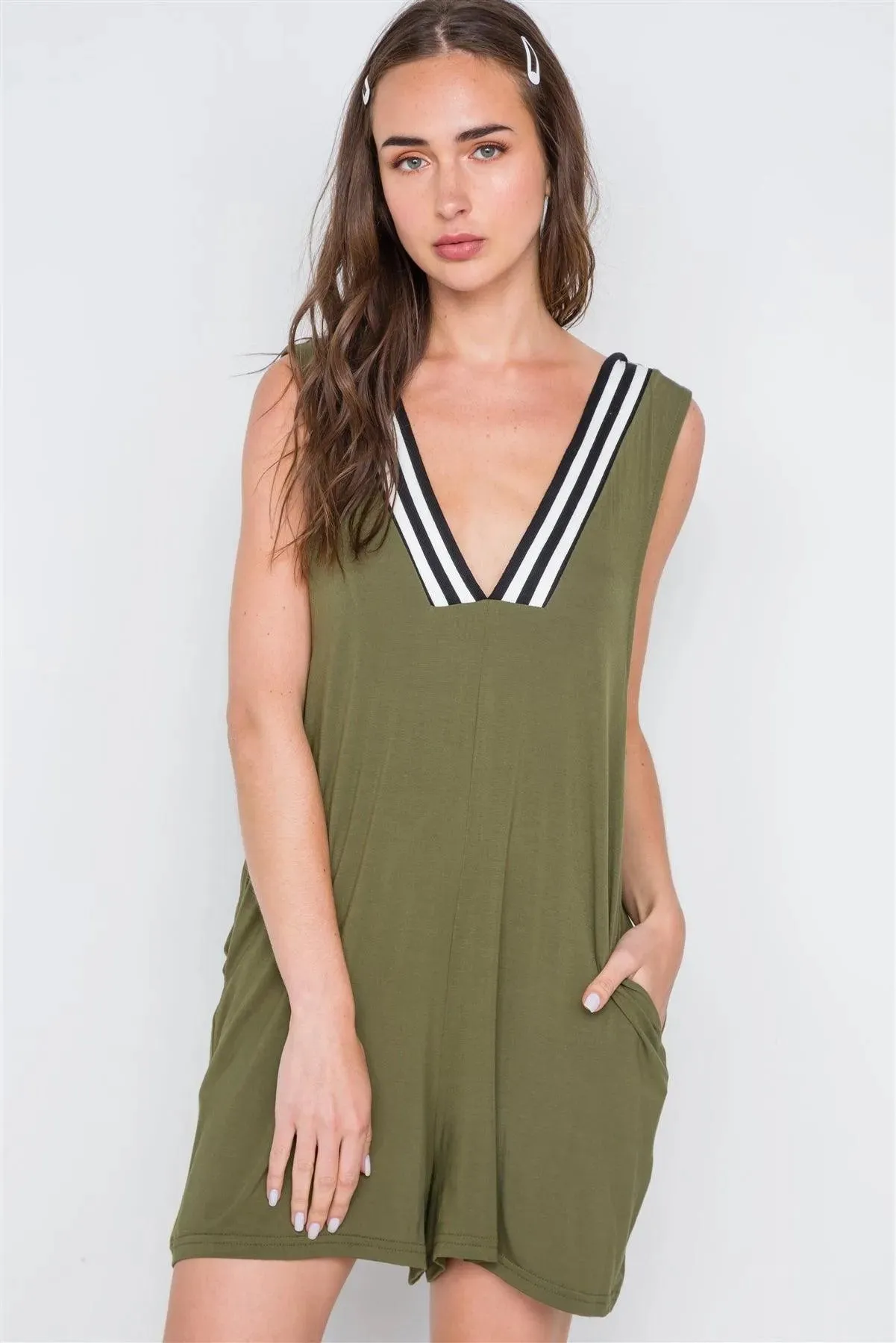 Olive Contrast V-Neck Loose Fit Romper /2-1-1