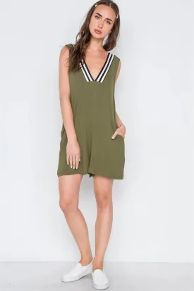Olive Contrast V-Neck Loose Fit Romper /2-1-1