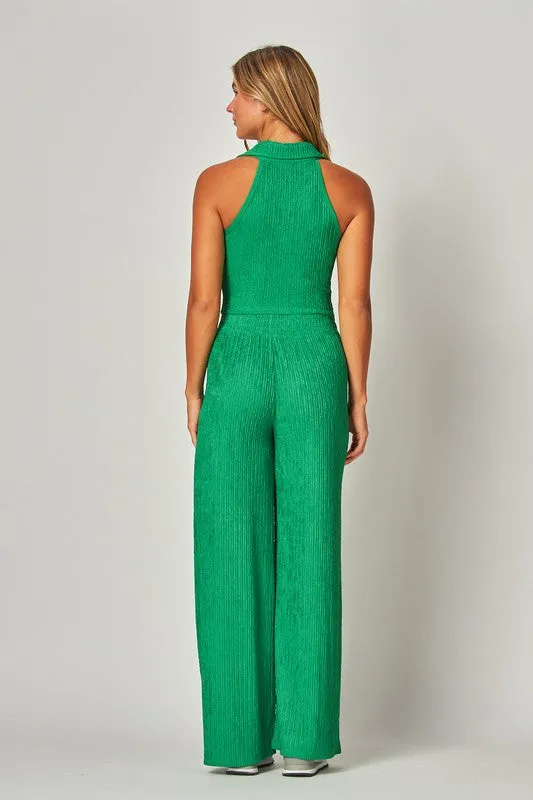 Pine Green Crinkle Textured Collar Zip-up 2pc Loungewear Set