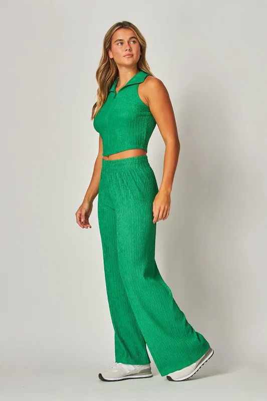 Pine Green Crinkle Textured Collar Zip-up 2pc Loungewear Set