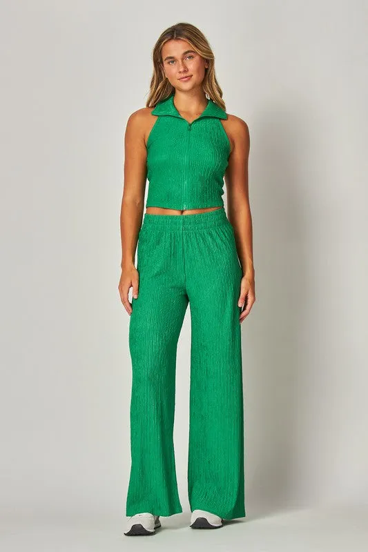 Pine Green Crinkle Textured Collar Zip-up 2pc Loungewear Set
