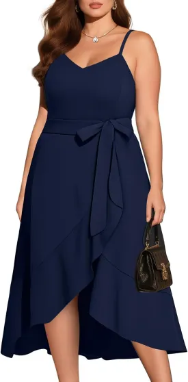 Pinup Fashion Plus Size Cocktail Party Dress - Women Wedding Guest Semi Formal High Low Elegant Midi Dresses