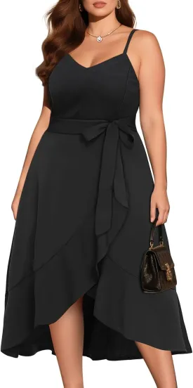 Pinup Fashion Plus Size Cocktail Party Dress - Women Wedding Guest Semi Formal High Low Elegant Midi Dresses