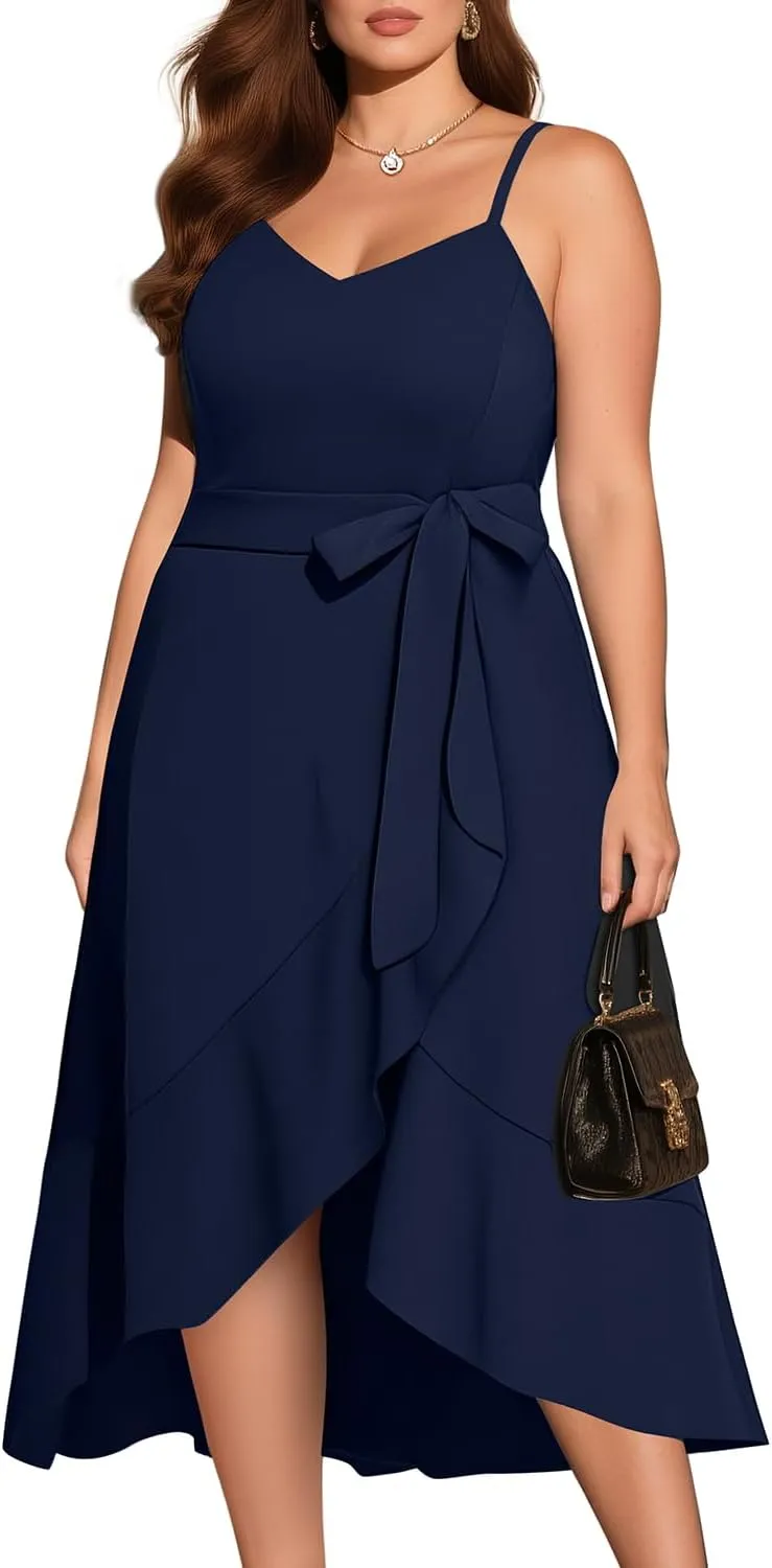 Pinup Fashion Plus Size Cocktail Party Dress - Women Wedding Guest Semi Formal High Low Elegant Midi Dresses