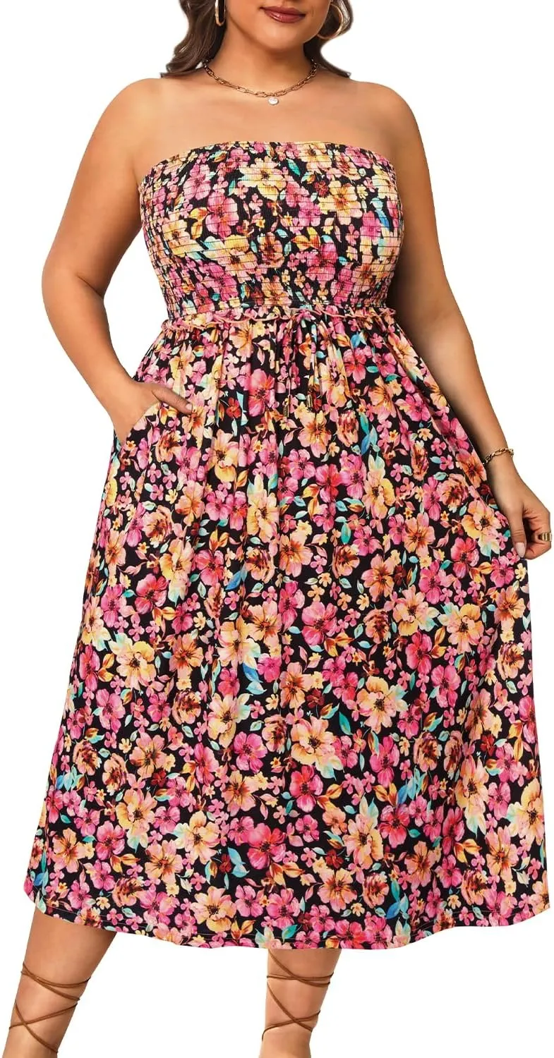 Pinup Fashion Plus Size Swimsuit Cover Ups Women Strapless Midi Sundress with Pockets