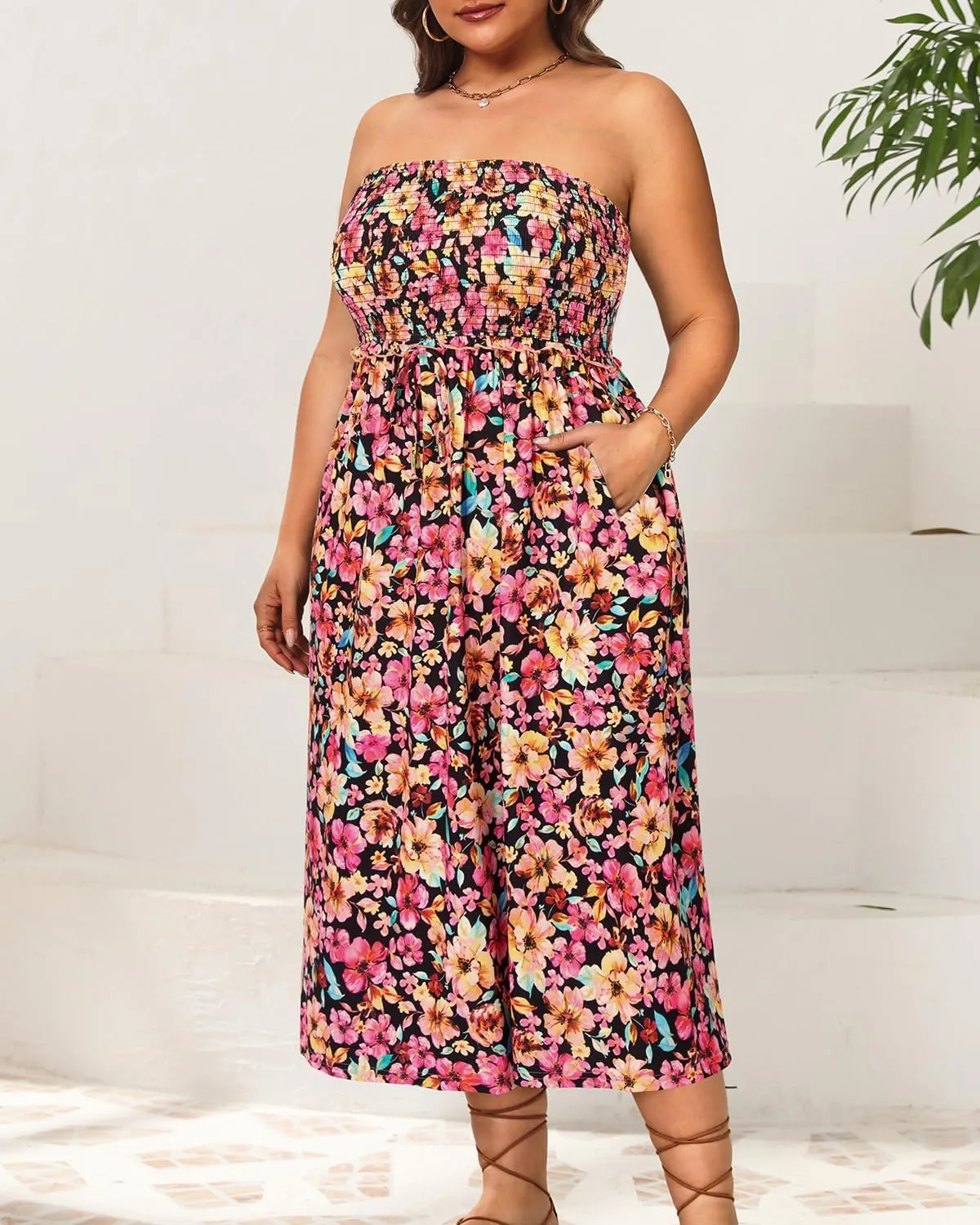 Pinup Fashion Plus Size Swimsuit Cover Ups Women Strapless Midi Sundress with Pockets