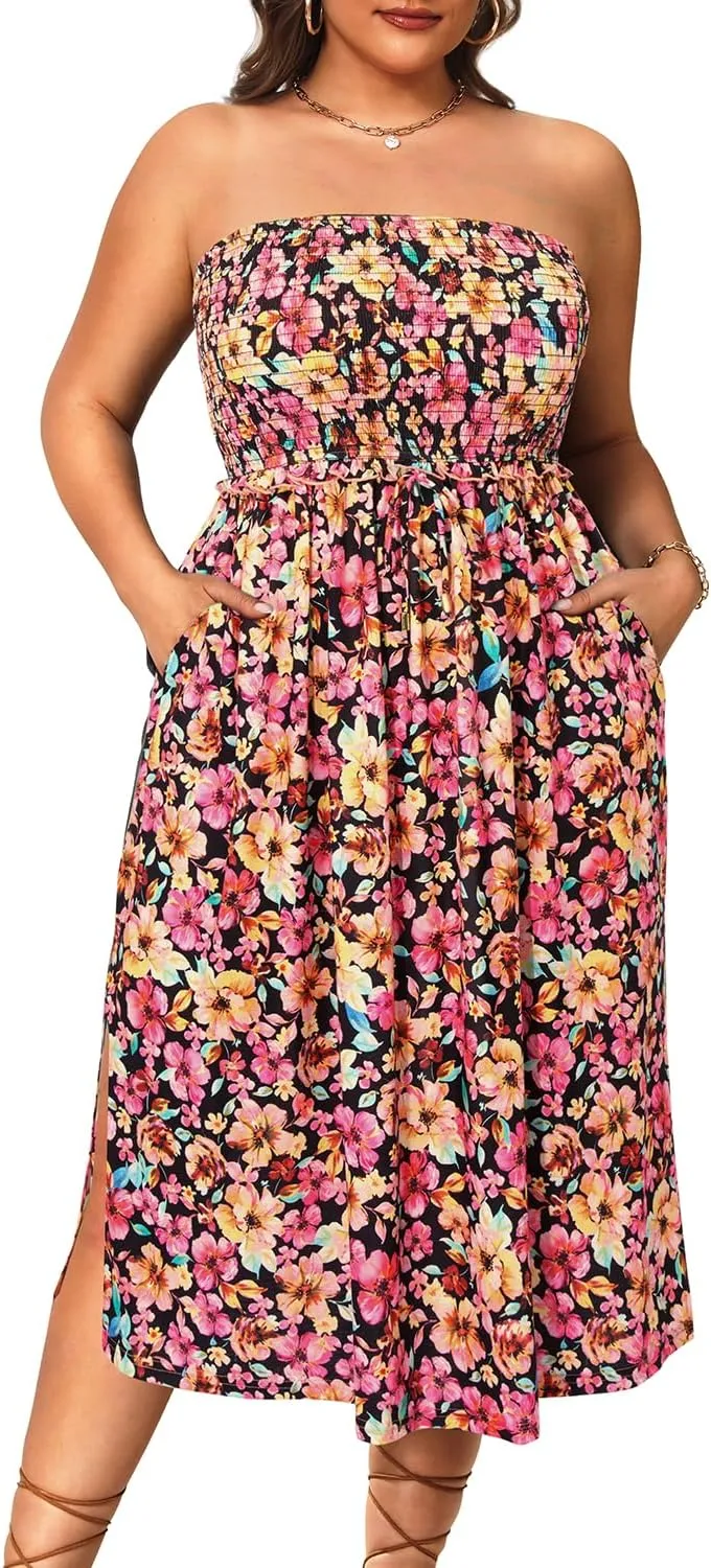 Pinup Fashion Plus Size Swimsuit Cover Ups Women Strapless Midi Sundress with Pockets