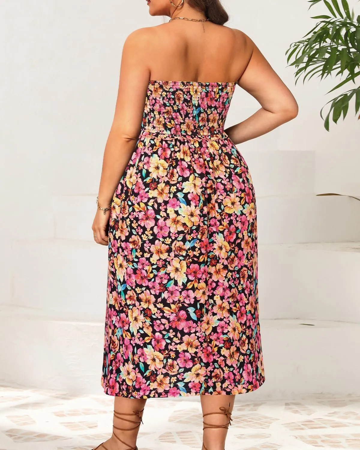 Pinup Fashion Plus Size Swimsuit Cover Ups Women Strapless Midi Sundress with Pockets