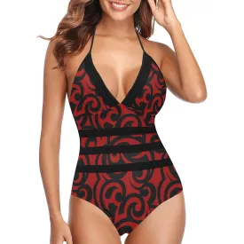red and black scroll print Lace Band Embossing Swimsuit (Model S15)