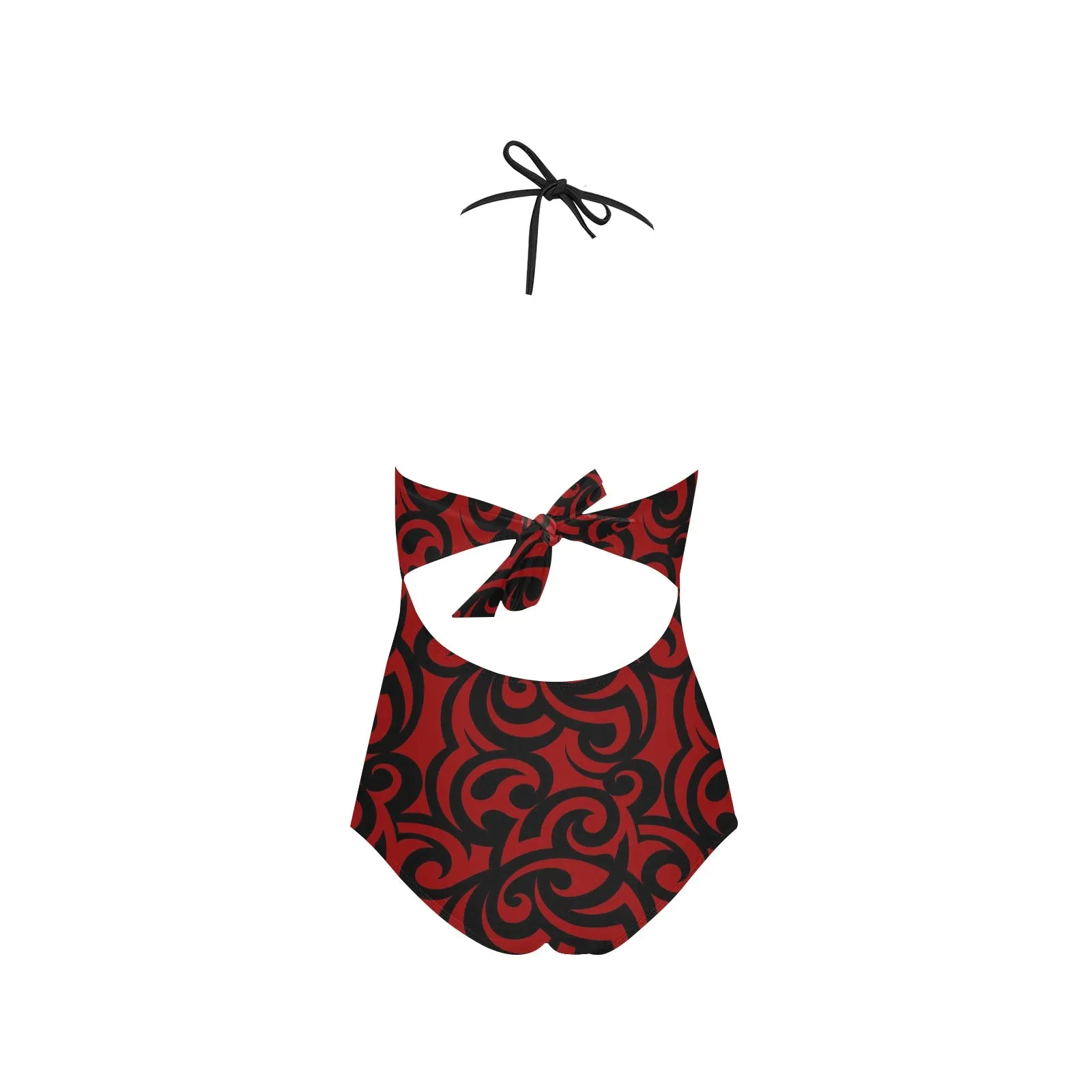 red and black scroll print Lace Band Embossing Swimsuit (Model S15)