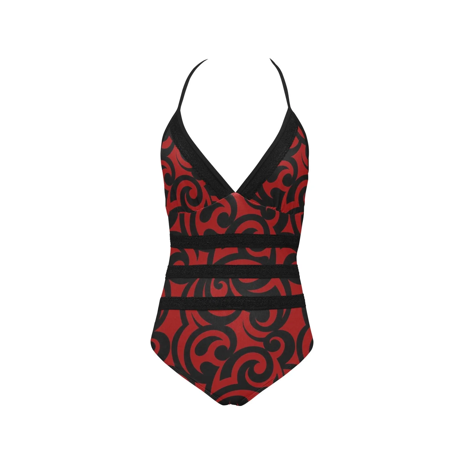 red and black scroll print Lace Band Embossing Swimsuit (Model S15)