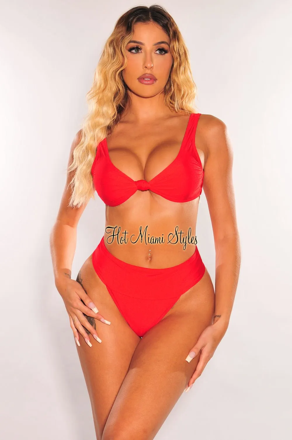 Red Knotted Sleeveless High Rise Bikini Bottom