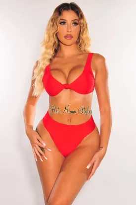Red Knotted Sleeveless High Rise Bikini Bottom