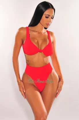 Red Textured Knotted High Rise Bikini Bottom