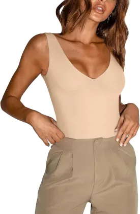 REORIA Butsmooth Womens Trendy Sexy Plunge Deep V Neck Sleeveless V Backless Going Out Tank Bodysuits Tops