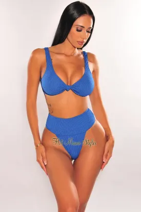 Royal Blue Textured Knotted High Rise Bikini Bottom
