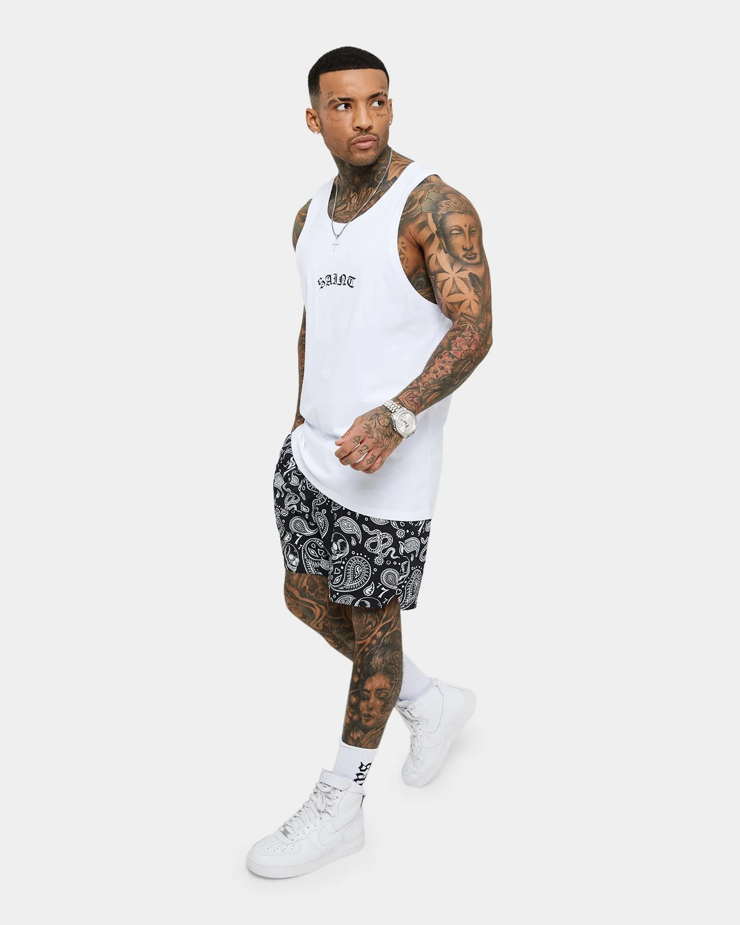 Saint Morta Paisley Skulls Beach Shorts Black/White
