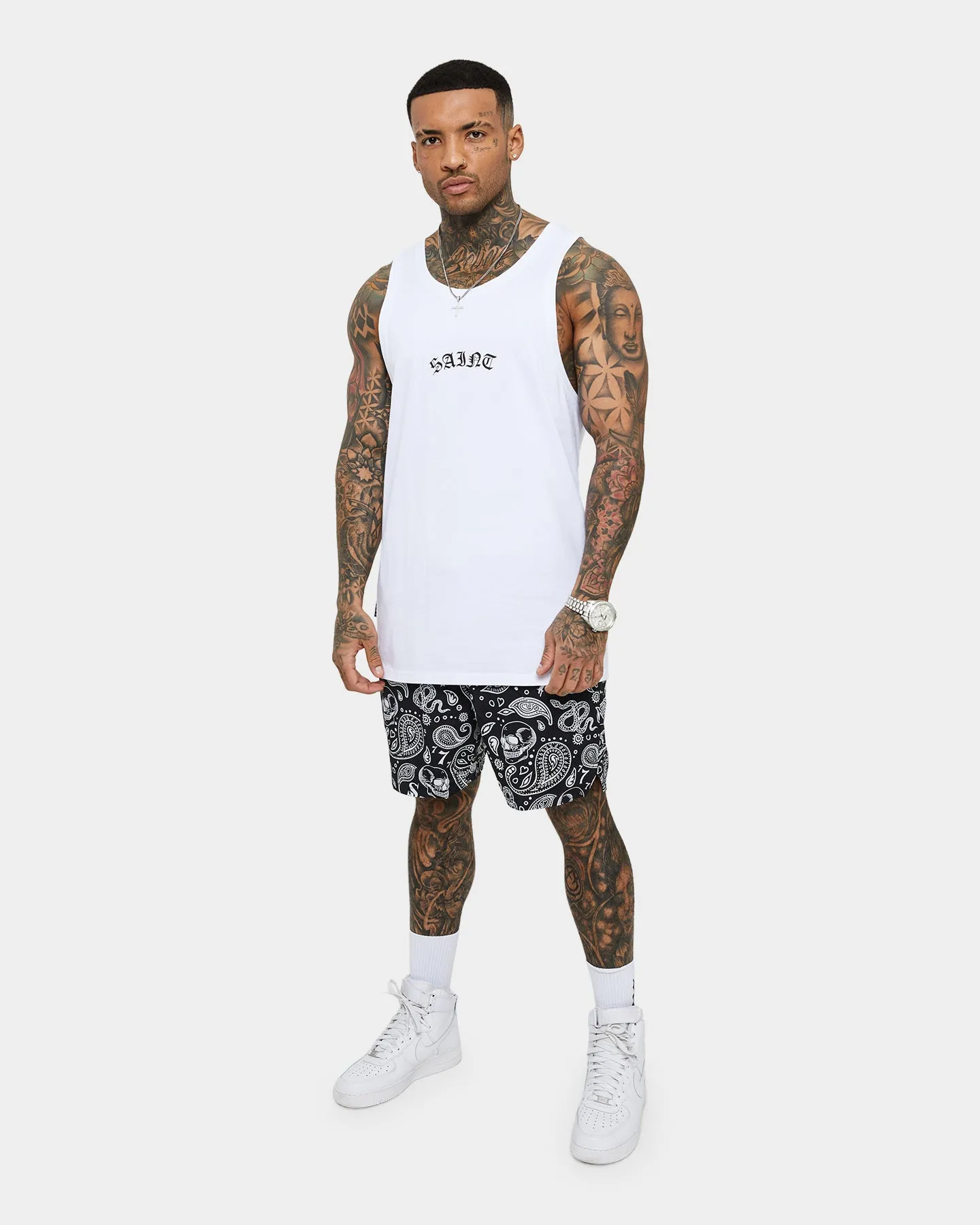 Saint Morta Paisley Skulls Beach Shorts Black/White