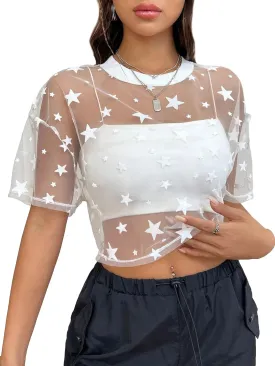 SweatyRocks Women's Sexy Sheer Mesh Fishnet Net Short Sleeve T-Shirt Crop Top