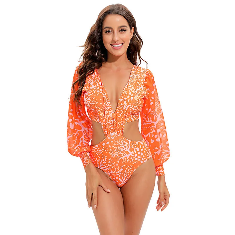 Swimsuit backless long-sleeved one-piece swimsuit high waist lace-up V-neck swimsuit women bikini