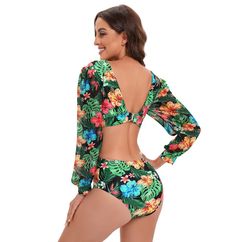 Swimsuit backless long-sleeved one-piece swimsuit high waist lace-up V-neck swimsuit women bikini