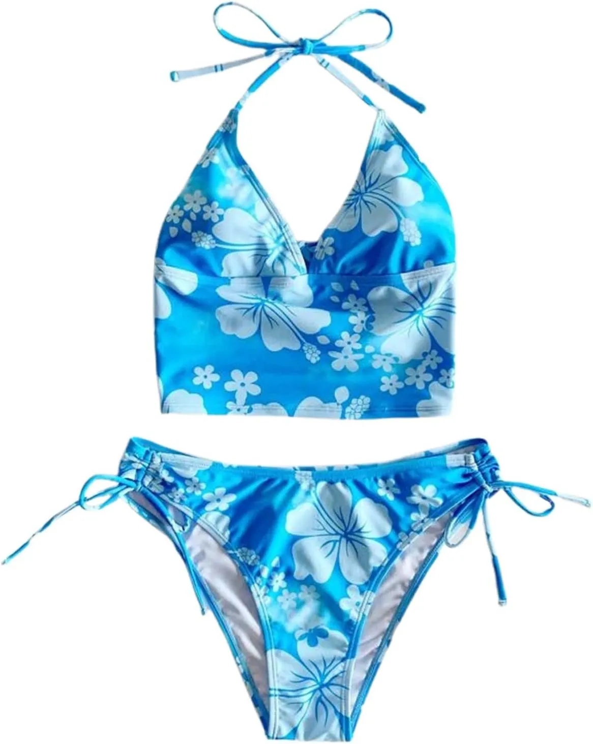 Tankini Bathing Suit for Women Halter V Neck Hawaii Tropical Floral Print Low Back Swimsuit Sexy 2 Piece Swimwear
