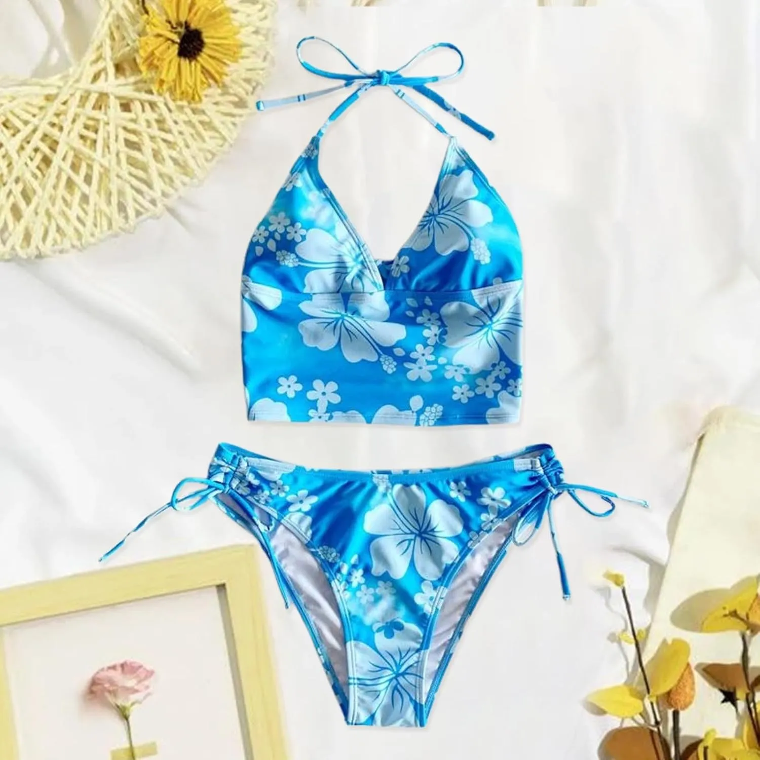 Tankini Bathing Suit for Women Halter V Neck Hawaii Tropical Floral Print Low Back Swimsuit Sexy 2 Piece Swimwear
