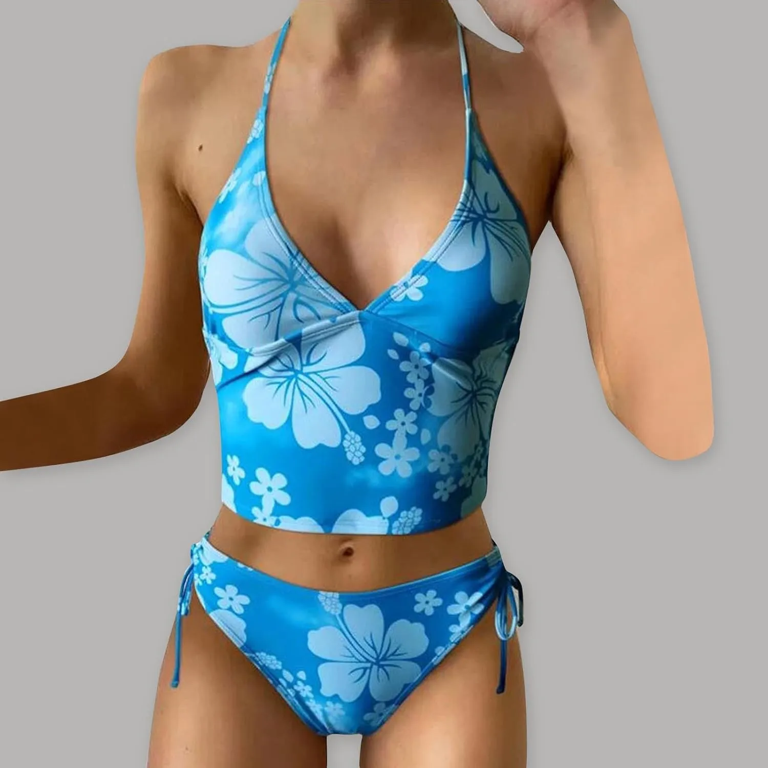 Tankini Bathing Suit for Women Halter V Neck Hawaii Tropical Floral Print Low Back Swimsuit Sexy 2 Piece Swimwear