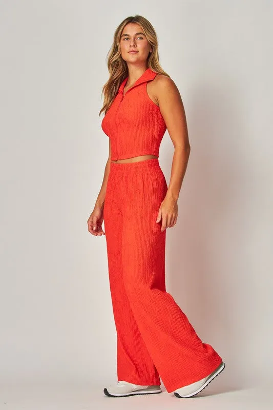 Tomato Red Crinkle Textured Collar Zip-up 2pc Loungewear Set