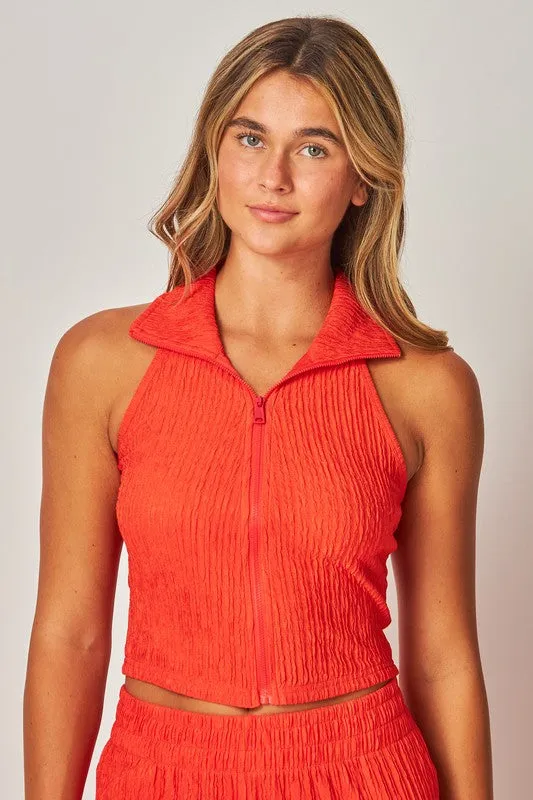 Tomato Red Crinkle Textured Collar Zip-up 2pc Loungewear Set