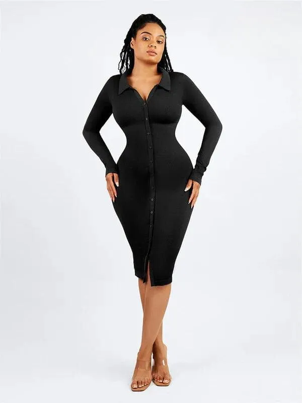 Tummy Control Retro Long Sleeve Shapewear Shirt Dress