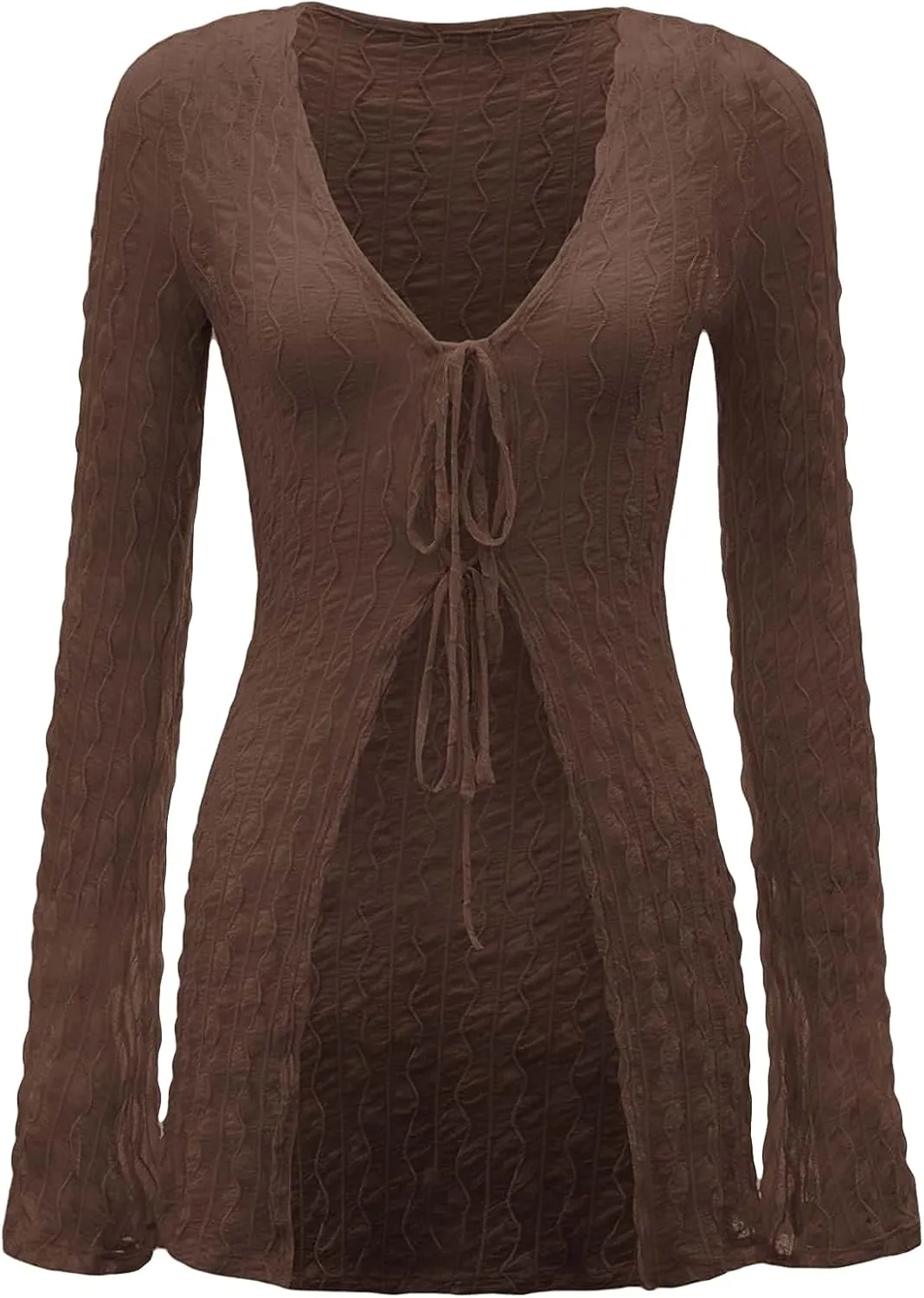 Verdusa Women's 90s Top Bell Long Sleeve Tie Front Textured Sheer T-Shirt Cardigan
