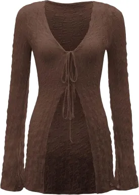 Verdusa Women's 90s Top Bell Long Sleeve Tie Front Textured Sheer T-Shirt Cardigan