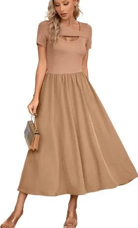 VICHYIE Womens Summer Dresses Cutout One Piece Ribbed Maxi Short Sleeve Casual Flowy A-Line Long Midi Dress