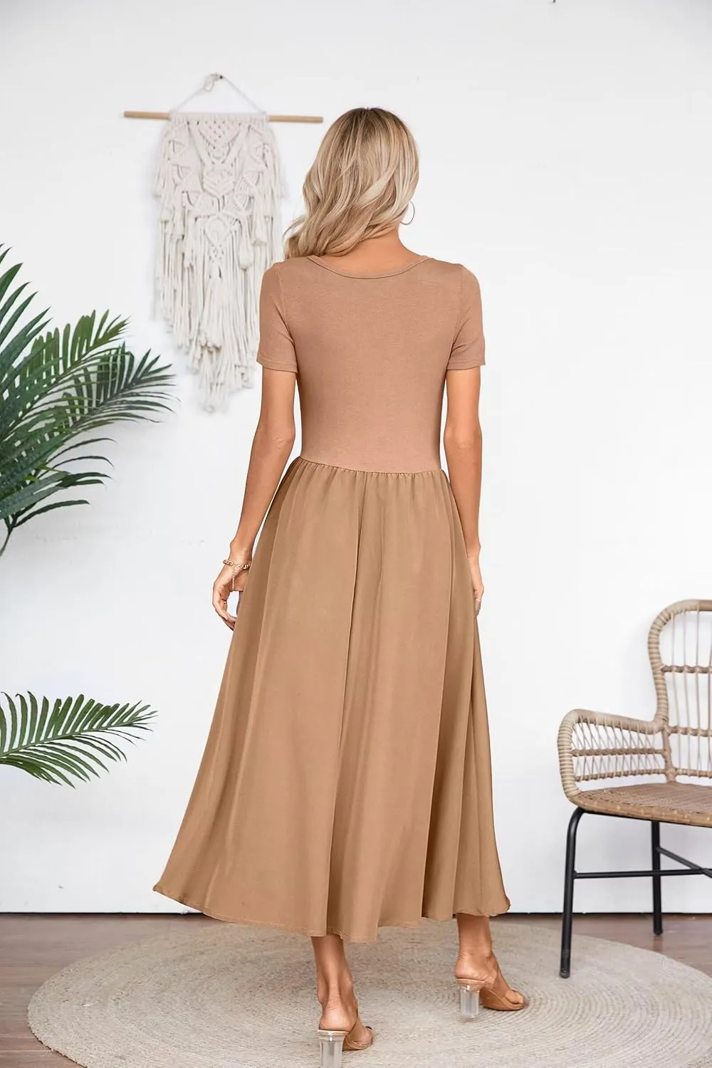 VICHYIE Womens Summer Dresses Cutout One Piece Ribbed Maxi Short Sleeve Casual Flowy A-Line Long Midi Dress