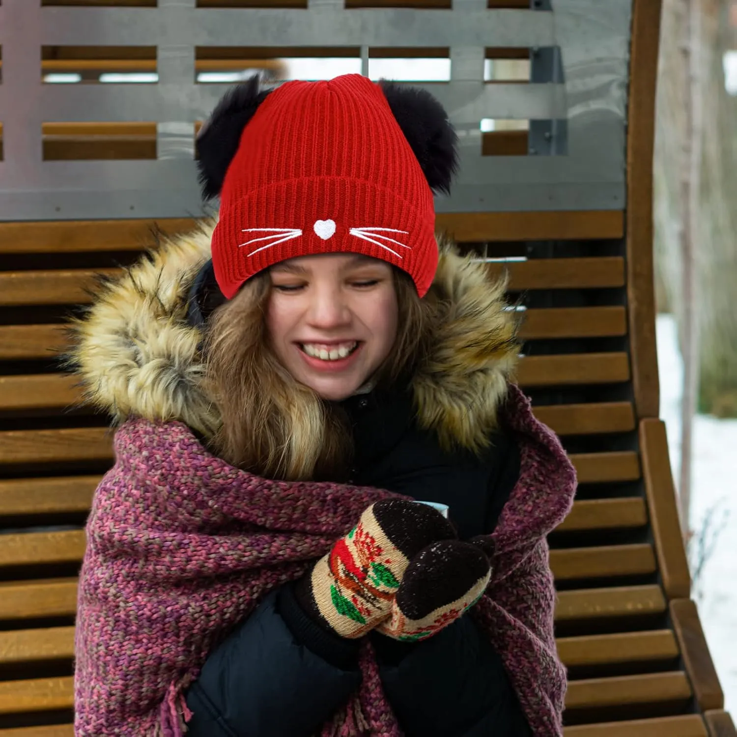 Women Girls Cute Cat Ears Beanie Hat Winter Crochet Knit Cap