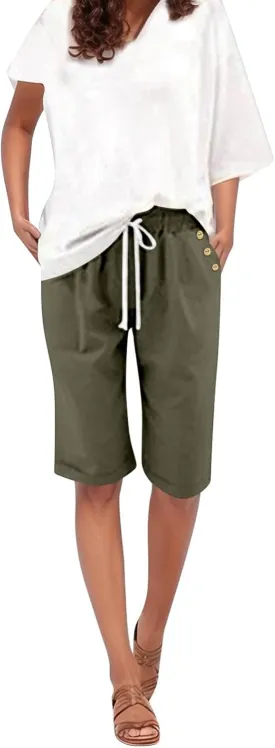 Women Knee Length Bermuda Shorts Elastic High Waist Drawstring Shorts Cotton Relaxed Fit Summer Beach Short Pants
