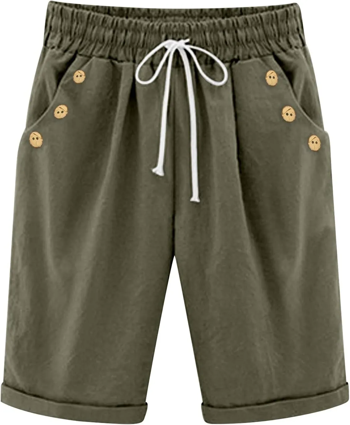 Women Knee Length Bermuda Shorts Elastic High Waist Drawstring Shorts Cotton Relaxed Fit Summer Beach Short Pants